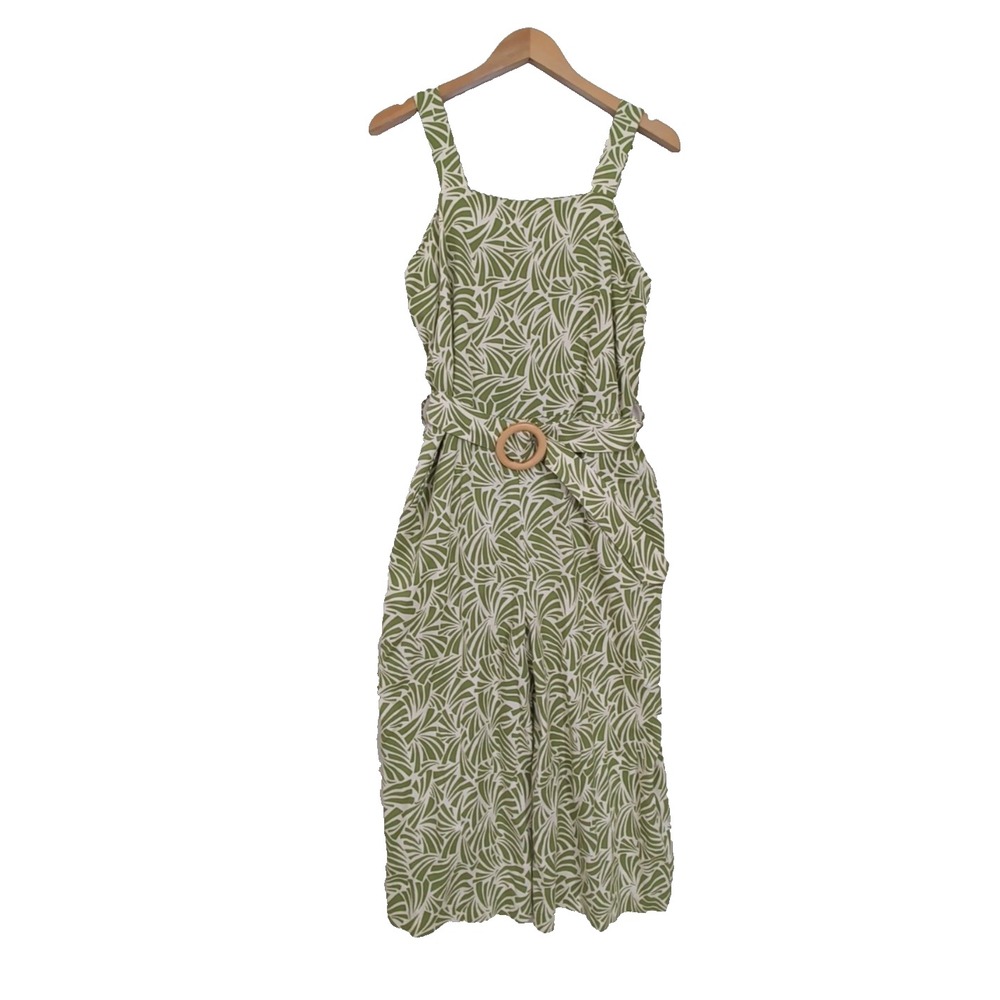 Monteau Cropped Wide Leg Jumpsuit Women XL Green White Linen Blend Tropical Vaca
